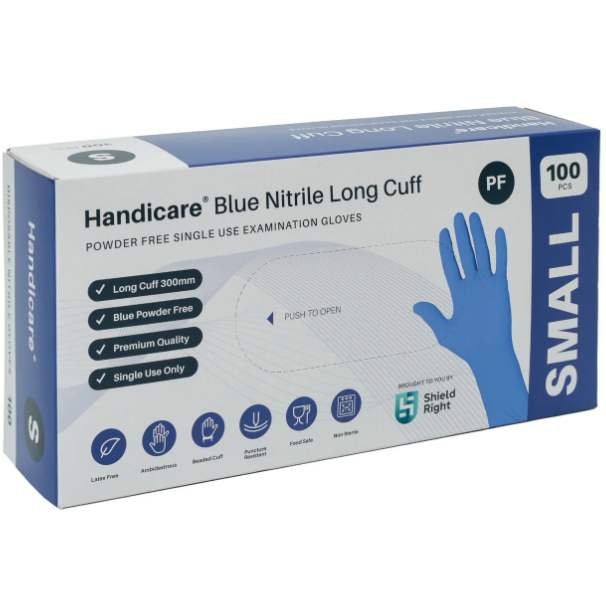 Handicare Blue Nitrile Long Cuff Powder Free-Small